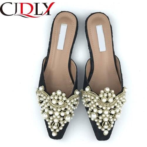 CJDLY spring and summer Mules womens shoes Pointed slippers Beaded pattern flat heel sets semi slippers Luxury womens shoes
