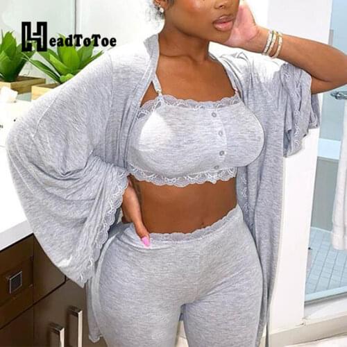 Solid Lace Crochet Bra Crop Tops & Skinny Pants & Open Front Long Coats Set Loungewear Casual Women 3 Piece Set