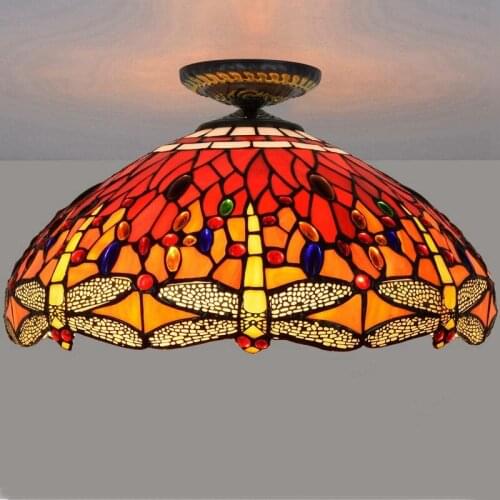 45cm European-Style Red Dragonfly Tiffany Multi-Color Glass Restaurant Bedroom Corridor Hallway Lobby Glass Ceiling Lamp