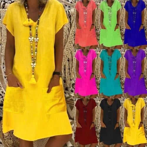 9502#2021 popular short sleeve medium skirt summer V-neck pocket loose dress 9 colors 8 sizes