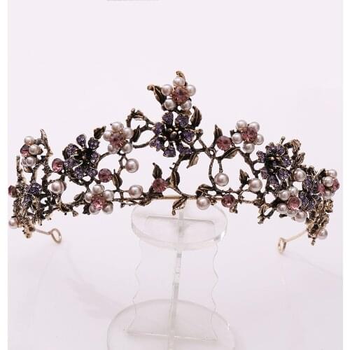 Baroque Vintage Black Purple Crystal Pearls Bridal Tiaras Crown Rhinestone Pageant Diadem Veil Tiara Wedding Hair Accessories