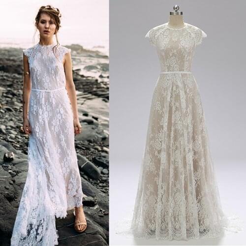 BOHO bohemian vintage lace bridal gown champagne lining wedding dress real price real factory sample photo #617