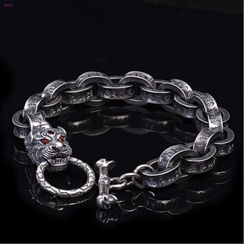 BOCAI six character mantra chain S925 Sterling Silver bracelet Unicorn Silver Bracelet Silver jewelry for men