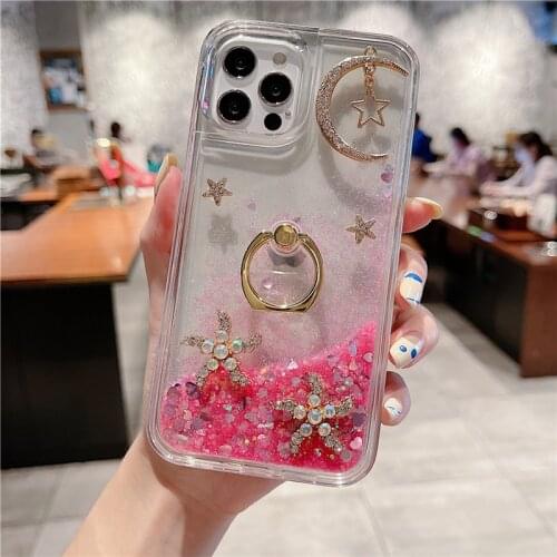 Vintage Star Glitter Quicksand Holder Case For iPhone 11 12 Pro XS Max 12 Mini 7 8 Plus X XR SE 2020 Clear Shockproof Back Cover