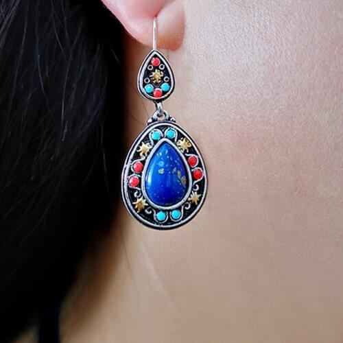 Ethnic Vintage Jewelry Retro Natural Lapis Lazuli Color Earrings Bohemian Wind Pine Stone Orchid Crystal Earrings