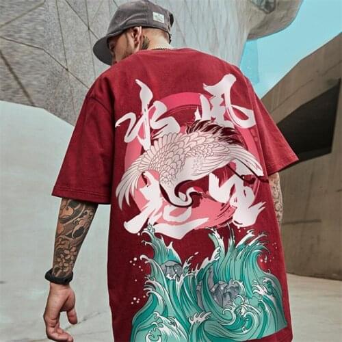 Short Sleeve Tees Harajuku Streetwear Guochao Crane Printed Print T-Shirts Cotton Casual Hip Hop Loose Tshirts Tops