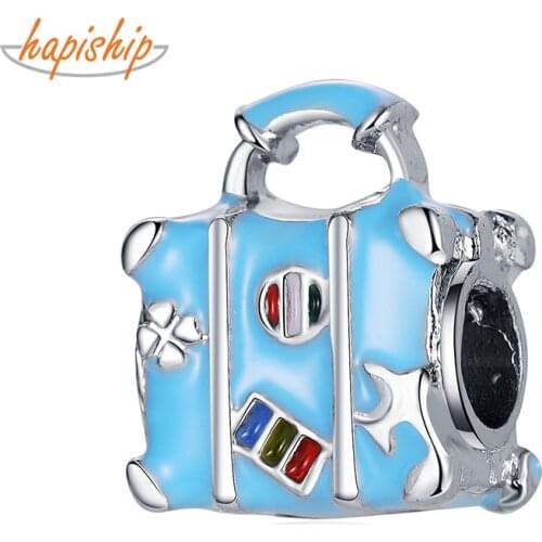 Hapiship 2021 Original Fashion Popular Sweet Blue Suitcase Charm Beads Fit Charm Bracelet Women Lady DIY Jewelry Making CZ100