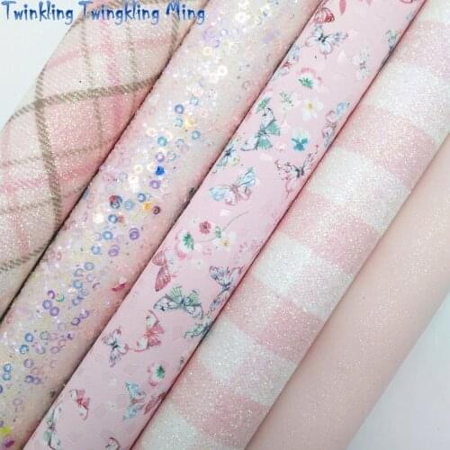 Plaids Printed Glitter Fabric, Hearts Synthetic Leather, Tartan Faux Fabric Sheets For Bow A4 21x29CM Twinkling Ming XM021H