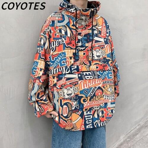 COYOTES Mens Jackets Coats Zip Up Graffiti Hooded Jacket Men Overcoat Hip Hop Streetwear Loose Hedging Personality Coat