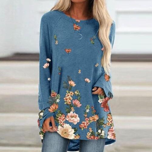 Fashion Women Loose T Shirt Ladies Tops Flower Printed Shirt Women Tee Long Sleeve Women Shirt Plus Size Pullover Vintage Shirt