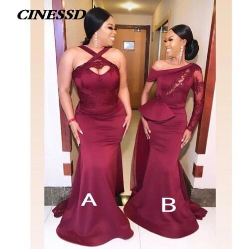 Fashion Burgundy Mermaid Bridesmaid Dresses 2021 Lace Appliques Long Wedding Party Dress African Prom Formal Gown vestidos