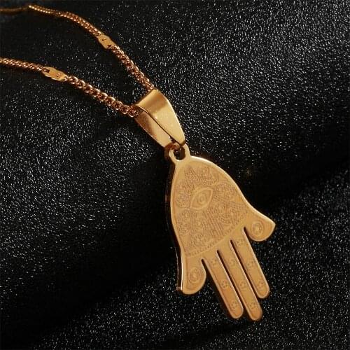 Trendy Egyptian Eye of Good Luck Fatima Hamsa Hand Pendant Necklace Hand Palm Jewelry