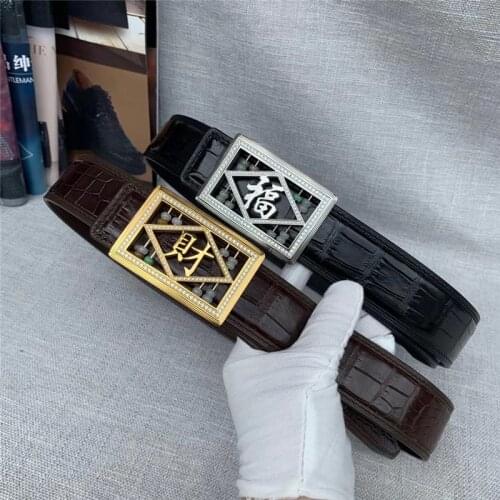 Authentic Exotic Crocodile Belly Skin Chinese Letters Buckle Men Waist Strap Genuine Alligator Leather Fancy Jadeite Male Belts