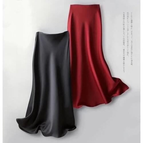 New All-match Noble Temperament Big Skirt Long Dress Satin Women Vintage High Waist Midi Skirt Solid Simple Elegant A-line Skirt