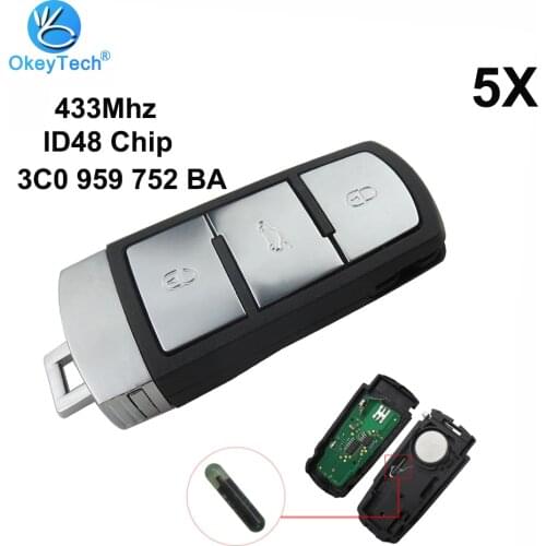 OkeyTech 5pcs/lot for VW Remote Control Smart Key 433Mhz ID48 Glass Transponder Chip 3C0959752BA 3 Button for Passat CC B6 B7 B5