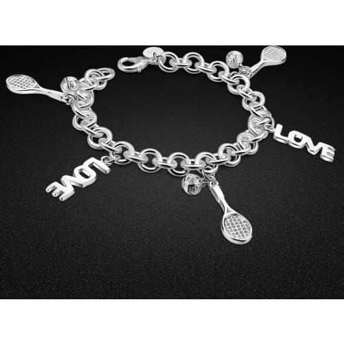 Original 925 Silver Bracelet Womens Creative Racket/Letter Pendant Rolo Chain Bracelet 16-23CM Student Popular Jewelry Gift