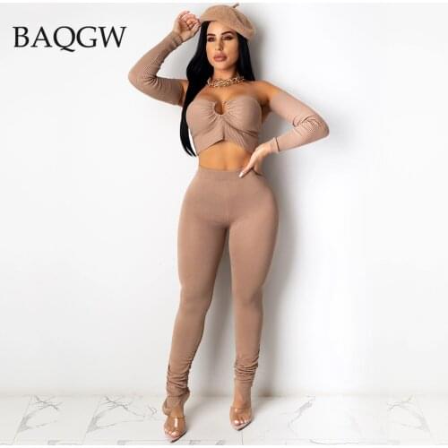 Autumn Knit Rib Two-Piece Set for Women Casual Long Sleeve Sexy Off Shoulder Tops and Long Pant Ladies Elegant V Neck Slim Suits