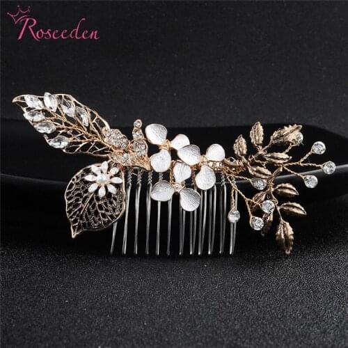 Wedding Hair Ornament Hair Side Comb Gold Bride Floral Crystal Headpiece Hair Combs Prom Accessories RE3508