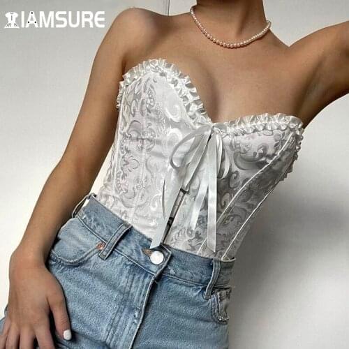 IAMSURE Solid Floral Corseet Top Vintage French Style Tube Top Sexy Slim Bandage Sleeveless Tie Front Tank Tops Women 2021 90S