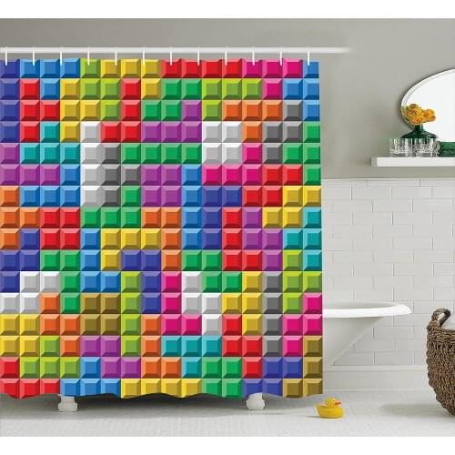 Video Games Shower Curtain Colorful Retro Gaming Computer Brick Blocks Puzzle Digital 90s Play Bath Curtains for Bathroom Decor