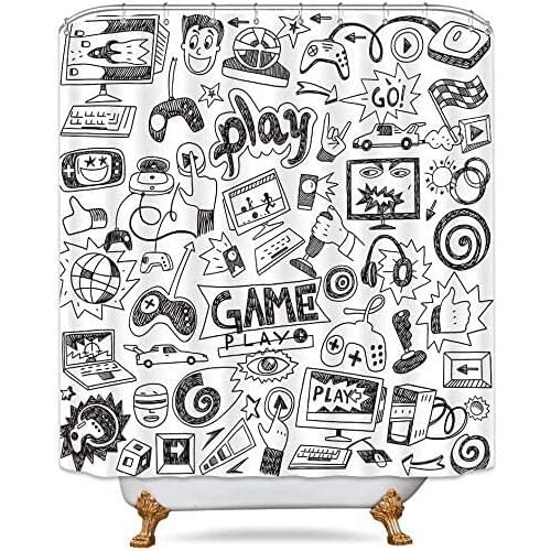 Black and White Sketch Funny Decor Fabric Panel Bathroom Curtain