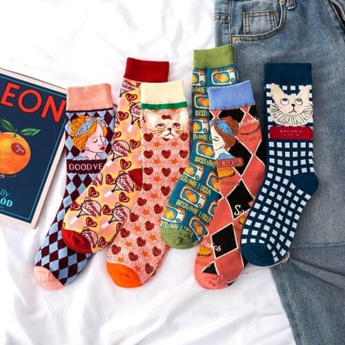Socks Woman Funny Cartoon Lolita Cute Animal Cat Plaid Japanese Fashion Kawaii Harajuku Cotton Female Happy Socks