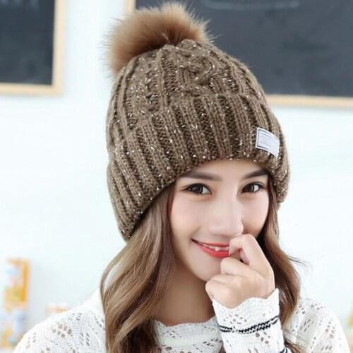 Women Winter Thick Warm Knitted Beanies Pompon Hats Outdoor Riding Skiing Cap