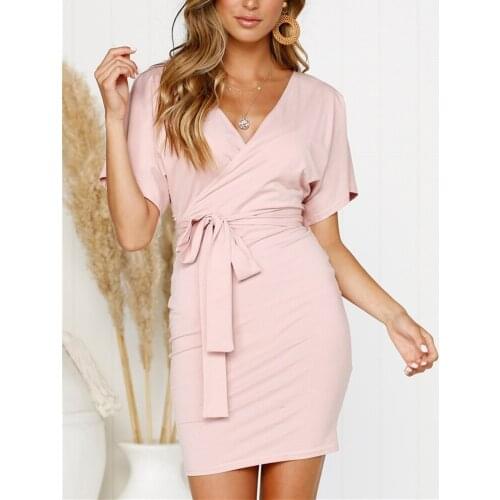 Elegant Sexy Dress Summer 2019 Women Deep V Neck Bodycon Party Dresses Ladies sexy halter laced hip dress Midi Dress