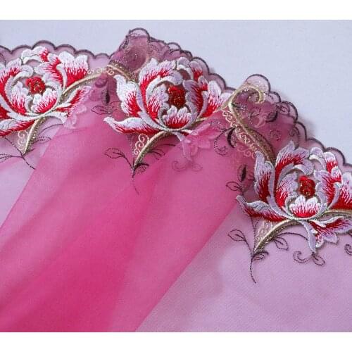 1Meter 21.5CM Wide Peony Flowers Embroidery Lace Trim Hot Red Mesh Fabric For Bra Lingerie Underwear Handmade Dress Decor