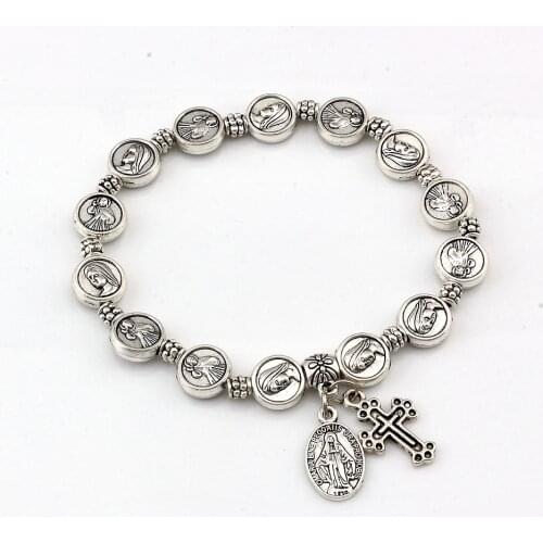 1Pcs Catholic Religious Alloy Bead Bangles For Men Women Christ Juses Cross Virgin Mary Pendant Bracelets C-81