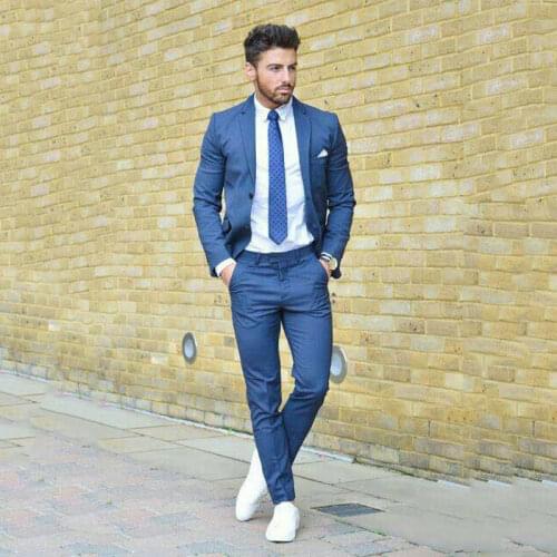 2019 Men Suits for Wedding Blue Groom Tuxedo Tailored Terno Masculino Two Bottons 2Piece Groomsman Outfits Slim Custume Homme