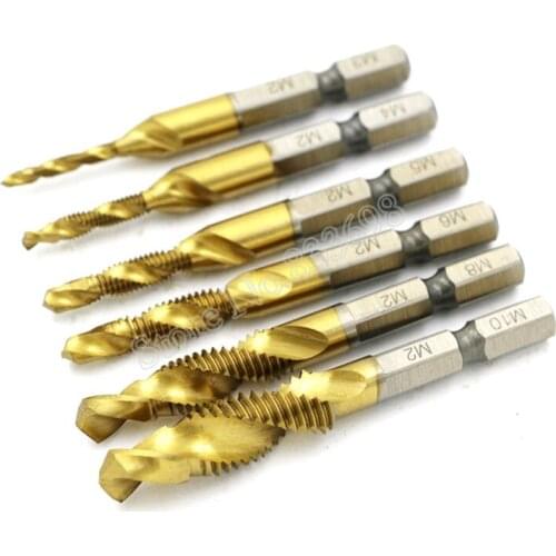 6pcs HSS 6542 Titanium Coated M3-M10 Combination Drill Tap Bit Set 1/4 Inch Hex Metric Deburr Countersink Bits