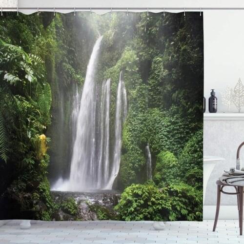 White Green Waterfall Shower Curtain Exotic Rainforest Waterfall Indonesia Tropical Trees Adventure Picture Bathroom Curtain