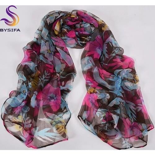 [BYSIFA] Blue Pink Silk Scarf Shawl Ladies Brand Floral Long Scarves Spring Summer Women Beach Shawl Head Scarf Cape 170*105cm