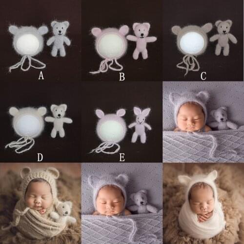 Crochet Baby Toy Set Newborn Outfit Knit Teddy Bear Newborn Bear Hat Photography Props Angora Baby Animal Bonnet Fluffy Hat Prop