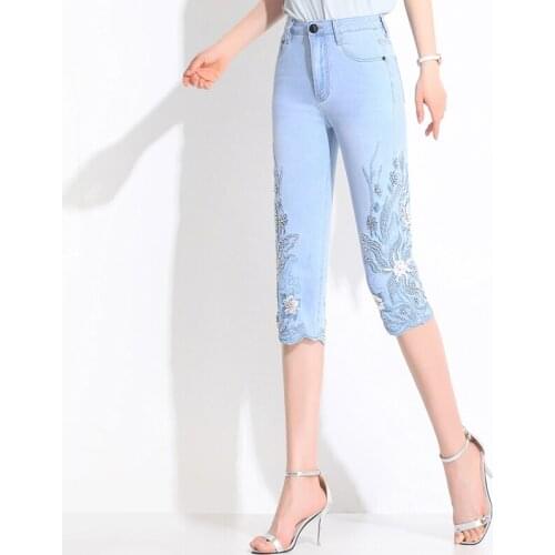 FERZIGE 2021 New Summer Straight Stretch Jeans Women High Quality Handmade Beading Embroidery Luxury Pants Female Plus Size 36