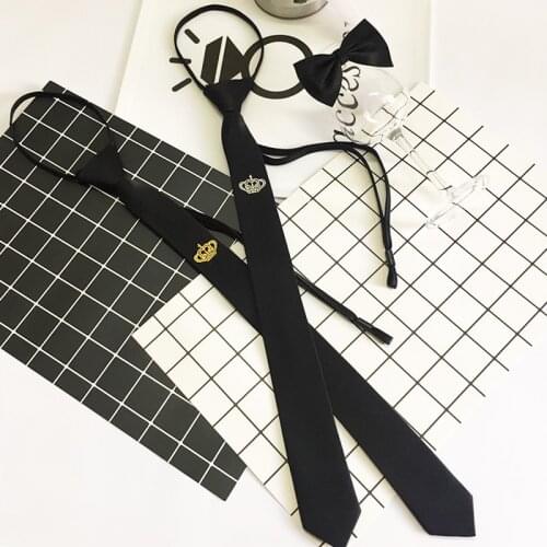 Hair Stylist Tie New Mens Small Necktie Crown Embroidery Thin Narrow Black 5cm Lazy Zipper Accessories barry wang bolo tie