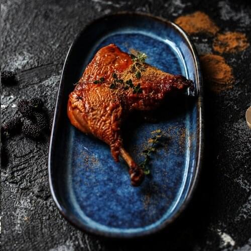 KINGLANG Ceramic Deep Blue Oval Long Plate Fish Chicken Wing Bar Tableware