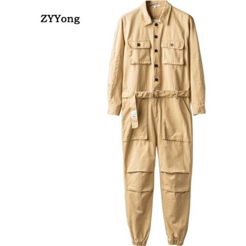 Jumpsuit Men Overalls Cargo Pants Men Long Sleeve Lapel Cotton Hip Hop Streetwear Loose Freight Green Black Trousers