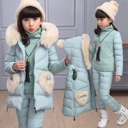 Girls Clothing Sets For Russia Cold Winter Hooded Warm Vest Jacket Warm Top Cotton Pants 3 Pcs Girl Cotton Fur Hood Coat B178