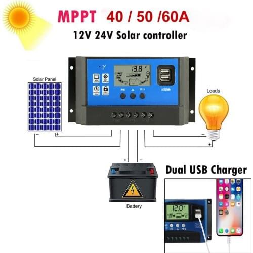 10A 20A 30A 40A 50A 60A Solar Charge Controller 12V 24V Auto PWM 5V Output Regulator PV Home Battery Charger LCD Dual USB