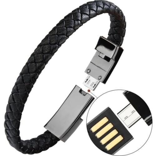 Leather Braided Bracelet Wrist Lightning Cable Data Bracelet Charging Cord for Apple Huawei USB Open Cuff Bracelet Charger