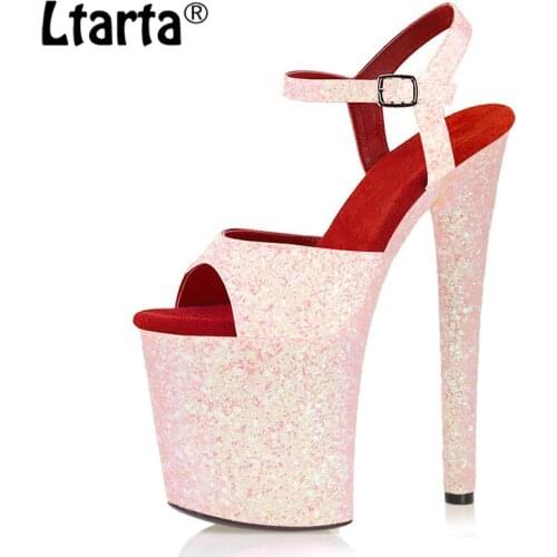 Ltarta 20CM Pink Sexy Sequined Glitter Pole Dance High Heels Transparent Sandals Fish Mouth Model Catwalk Nightclub LYP