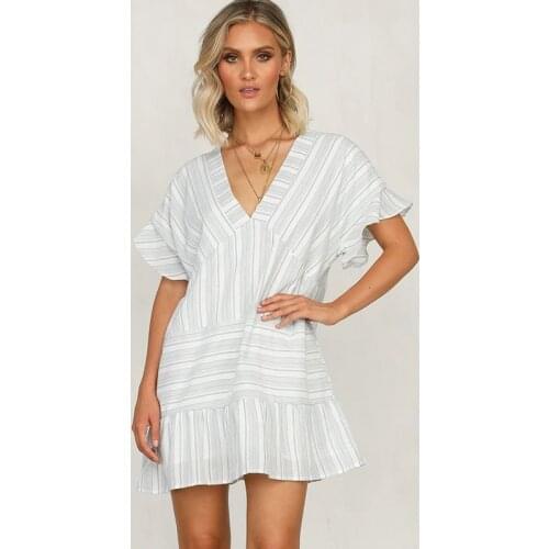 Fashion Womens Dress Summer Striped Short Holiday Dress New Ruffle Dress Casual Women Dress Loose Dress Vestidos