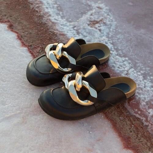 MONMOIRA Metal Buckle Decoration Outdoor Slippers Women Round Toe Gold Chain Women Slides Brand Design Slippers Shoes Women