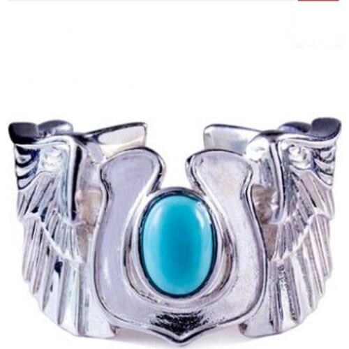 2019 New Angel Wings 100% S925 Sterling Silver Ring for Man Flying Feathers Inlaid Turquoise Couple Silver Rings Mens Rings