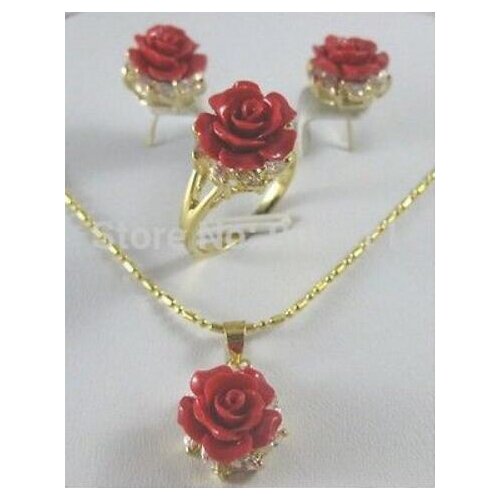 Jewelry Pearl Set Pretty Crystal Red Coral rose Flower Pendant Earring Ring ladys set Free Shipping