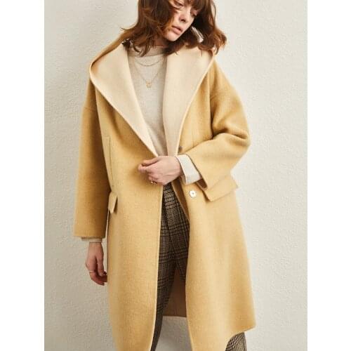 2021 winter new fashion hooded double-sided tweed coat womens medium and long Hepburn high-end tweed coat zero cashmere