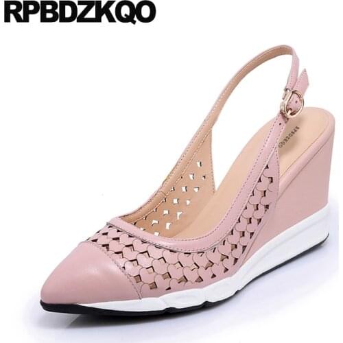 Nude 3 Inch Summer Sandals Cool Strap Heart Casual Shoes Women Wedge High Heels Slingback Pink Pumps Pointed Toe Genuine Leather