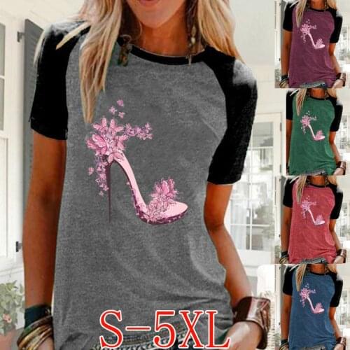 Casual Womens Round Neck Plus Size T-Shirt Loose High-heeled Shoes Printed Blouse Crew Neck Fish Printed Short-sleeved Shirt To